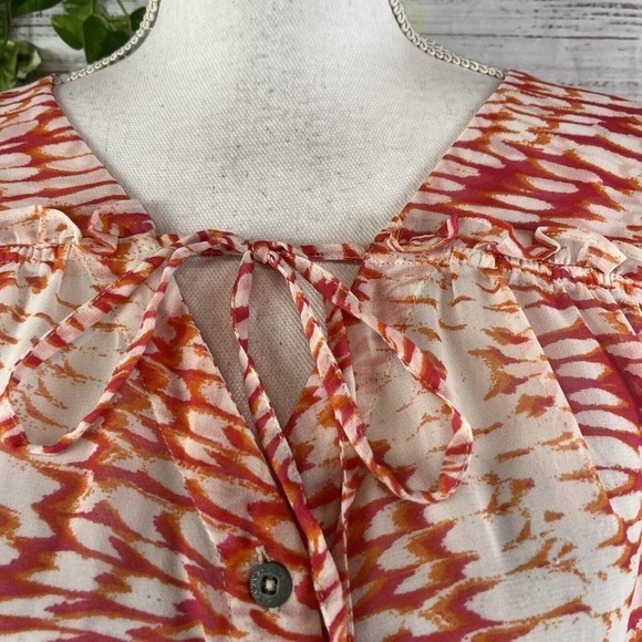 Nine West Blouse size Extra Large Orange Pink Sheer Ruffle Button Front Peasant - Picture 5 of 13